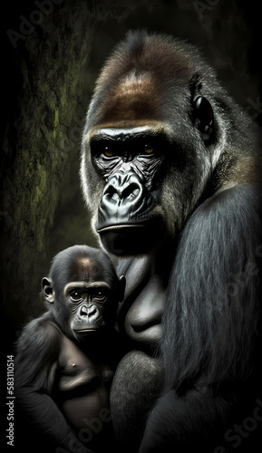 Gorilla and Baby Gorilla. Generative AI