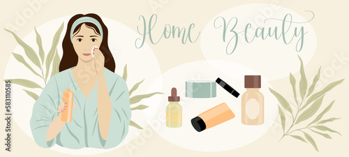 
Vector horizontal banner of a girl in a bathrobe cleaning her face and cosmetics. Illustration concept of cosmetology, beauty, home care, beauty treatments at home.