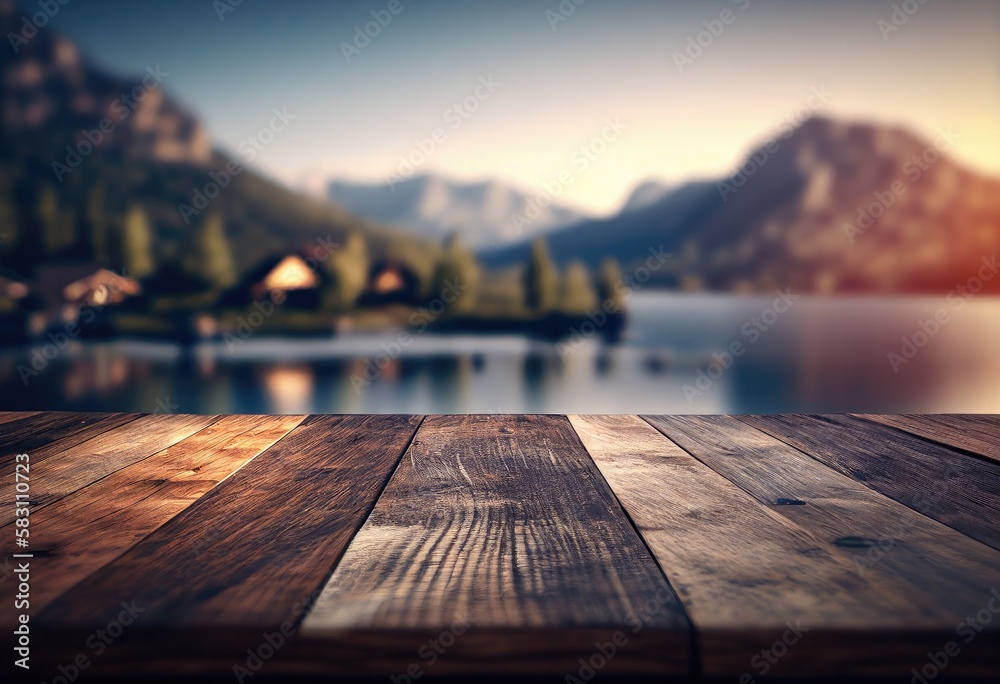 Empty Wooden Table Top with Blurred Lakeside Cafe on Italian Lake at Sunset. Vacation concept for mounting your product. Generative AI.
