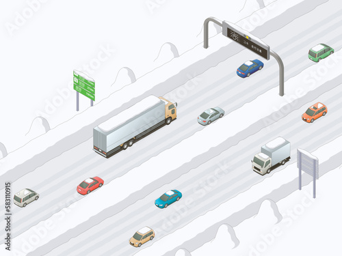 アイソメトリック図法で描いた積雪時の高速道路のイメージ / Japanese expressway in winter. Isometric illustration