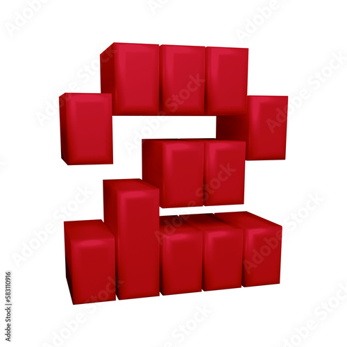 Red number 2 in 3d rendering with block style for math, business and education concept
