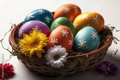 Happy Easter basket and many pastel color Easter eggs. Generative AI. 