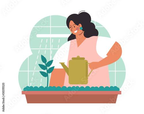 Gardening and planting. Character taking care of plants, flowers
