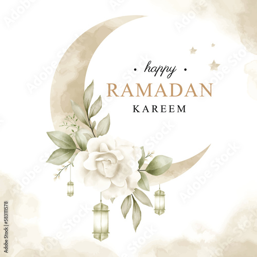 Elegant Ramadan kareem with crescent moon and watercolor floral