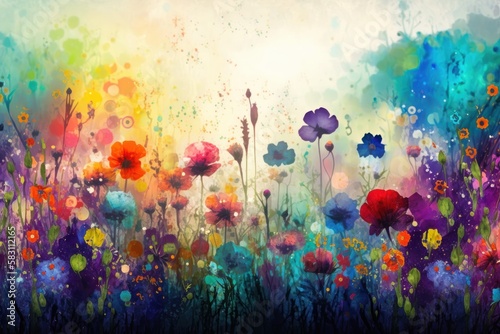 Colourful flowers on a meadow. Floral abstract background. Watercolor