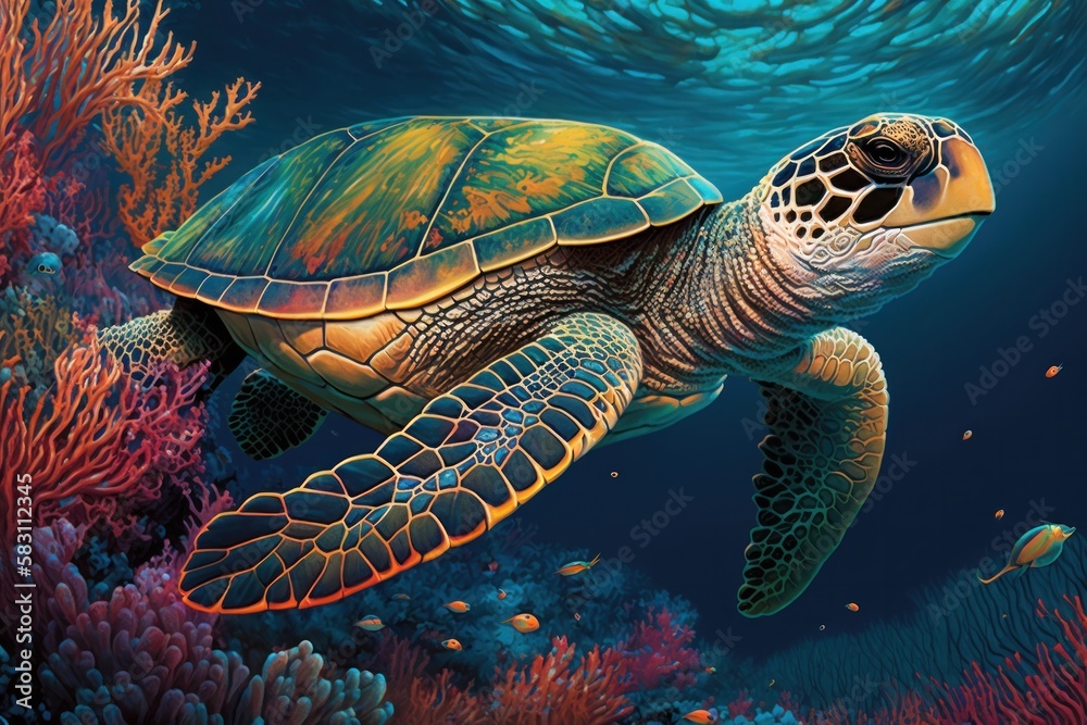 Obraz premium Green sea turtle on coral reef in deep blue sea. 3d illustration