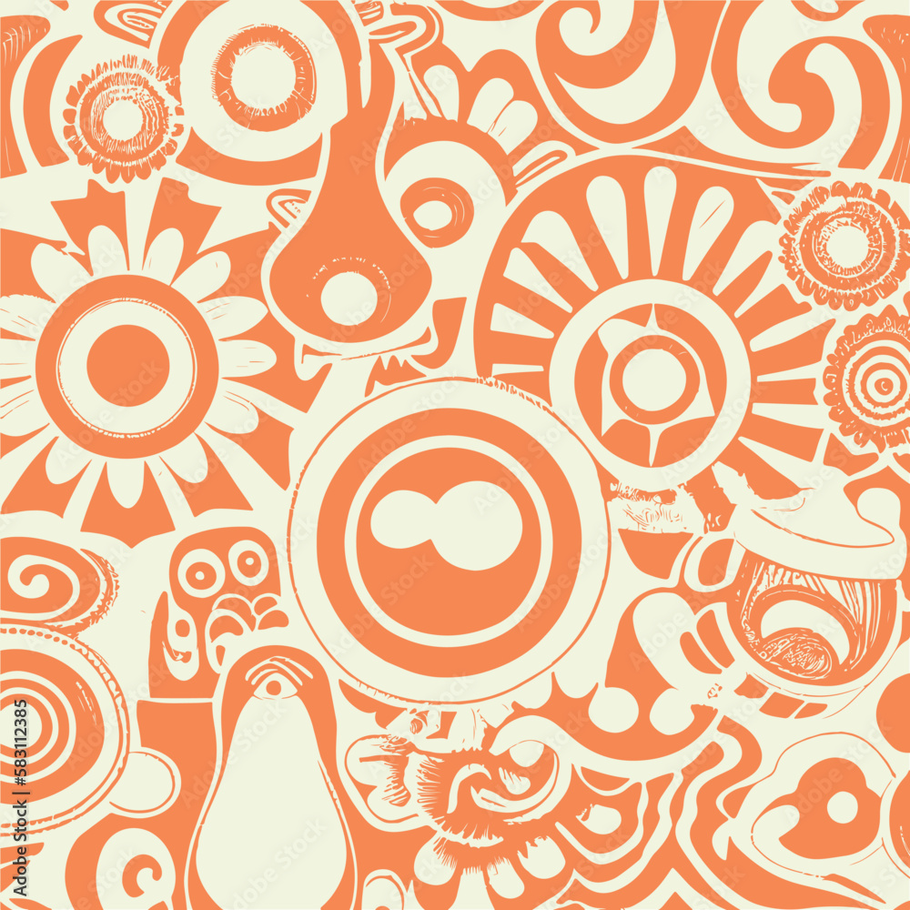Fototapeta premium Abstract groovy elements in trendy psychedelic style seamless vector pattern. 70s, 80s, 90s vibes background