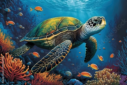 Green sea turtle in the coral reef. Generative Ai