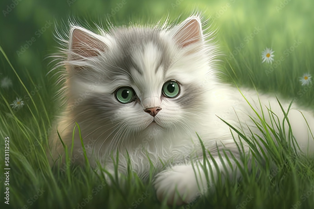 Cute kitten lying in the grass and looking at the camera.