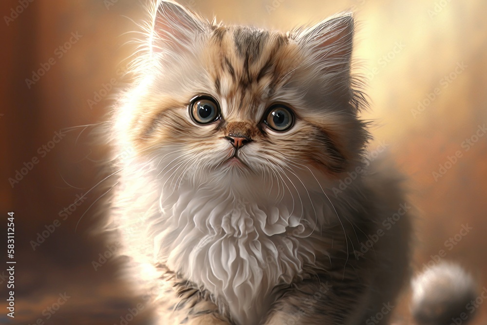 Cute little kitten on brown background, closeup. Fluffy pet