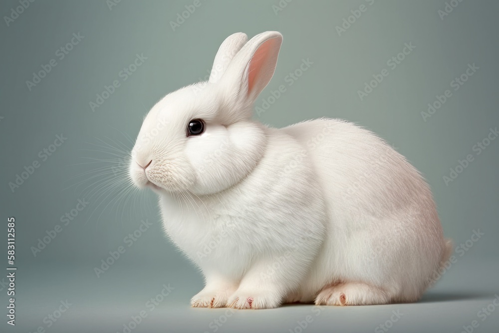Cute white rabbit on grey background, studio shot. Easter concept Cute white rabbit on grey background, studio shot. Easter concept