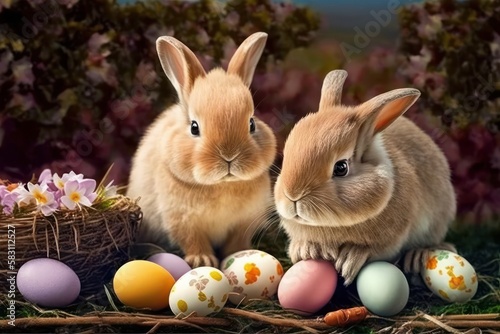 Two cute Easter bunnies with Easter eggs on dark background.