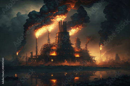 Burning Oil Refinery . Generative AI