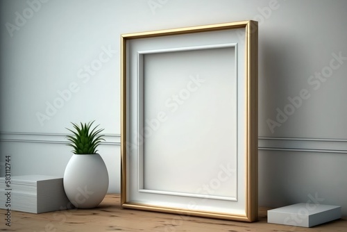 A golden frame in a room with white walls, Generative Ai