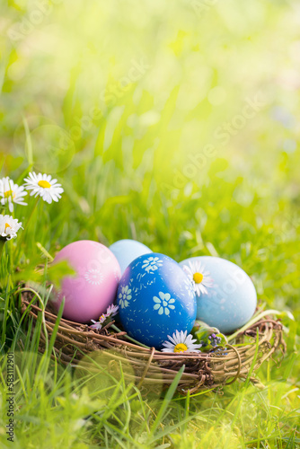 Nest with Easter eggs in grass on a sunny spring day - Easter decoration, background  -  Copy space
