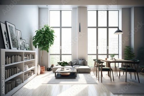 Wallpaper Mural Modern living room interior with furniture and city view. 3D Rendering Torontodigital.ca