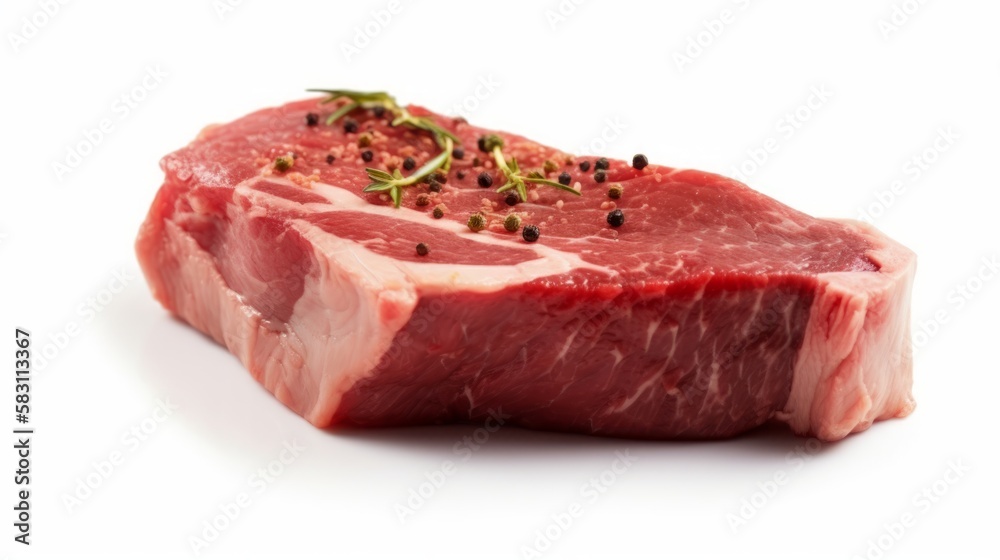 Closeup of raw beef steak isolated on white background. Generative AI Closeup of raw beef steak isolated on white background. Generative AI