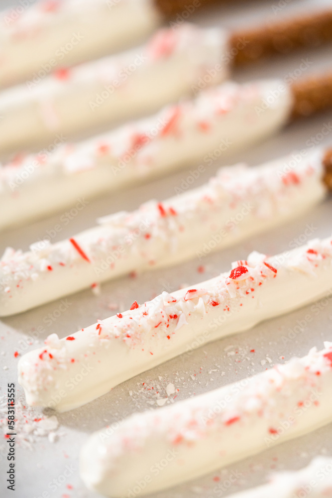 Candy cane chocolate covered pretzel rods Candy cane chocolate covered pretzel rods