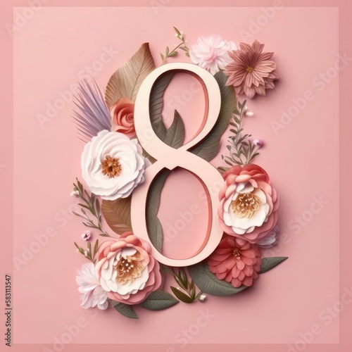 Number 8 made of paper flowers on pink background. 3d illustration