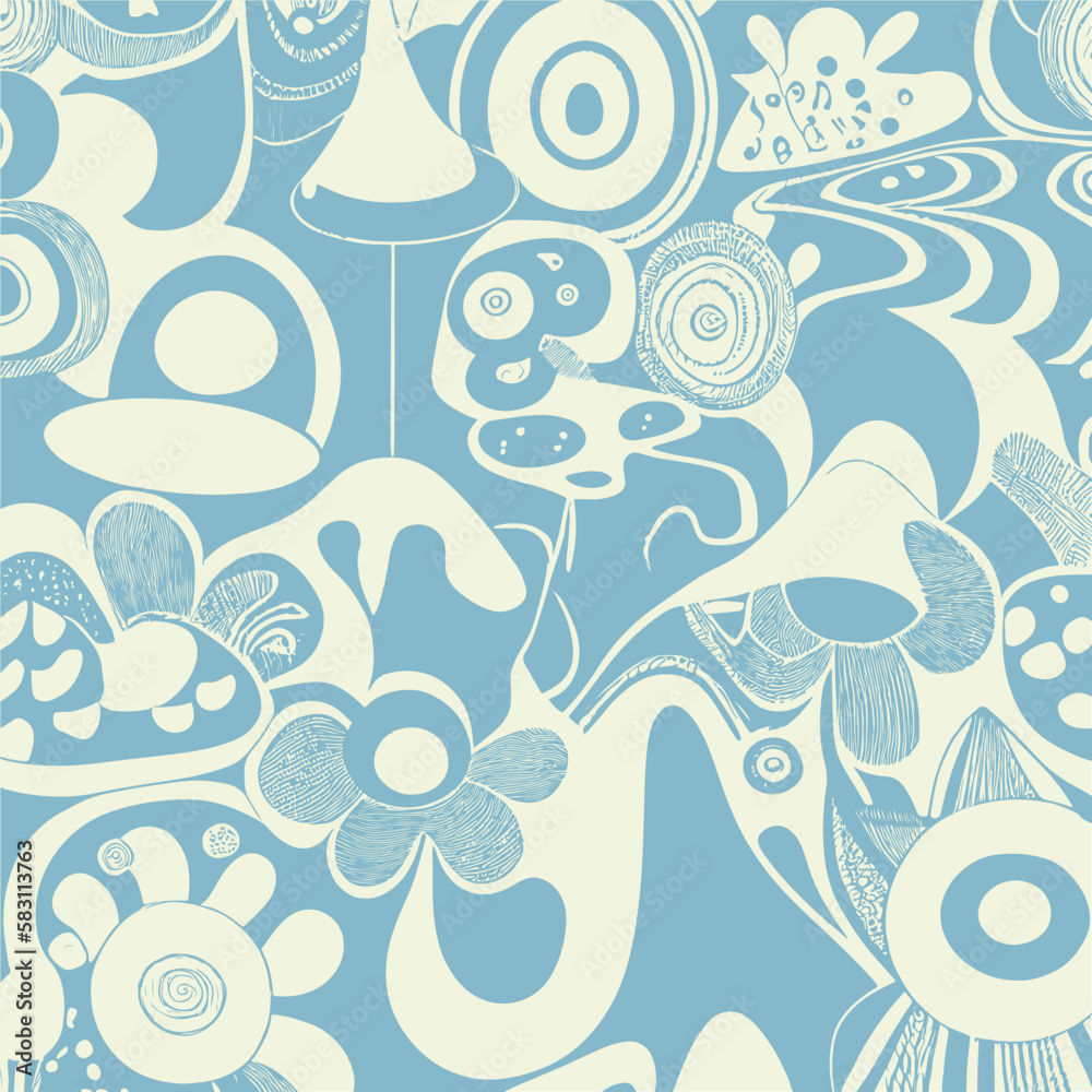 Fototapeta premium Abstract groovy elements in trendy psychedelic style seamless vector pattern. 70s, 80s, 90s vibes background