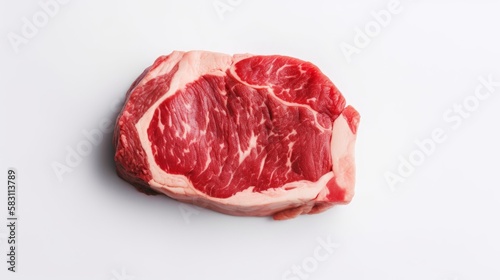 Top down view of raw beef steak isolated on white background. Generative AI