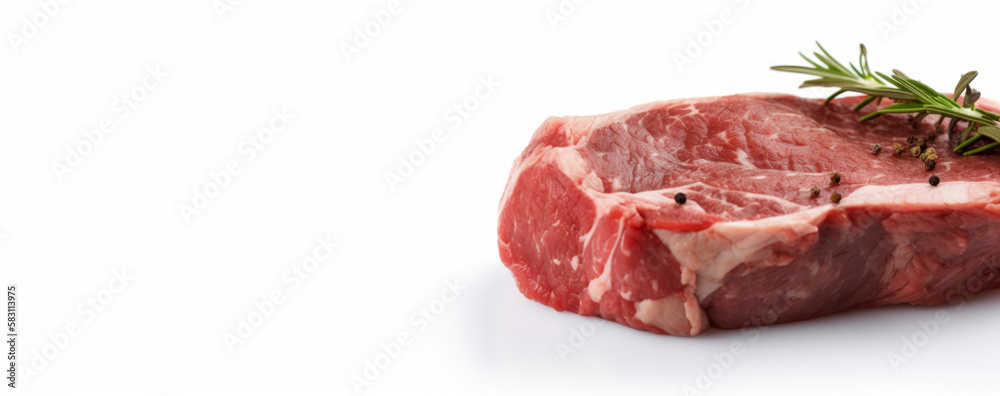 Closeup of raw beef steak isolated on white background with copy space. Generative AI Closeup of raw beef steak isolated on white background with copy space. Generative AI