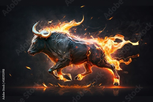 A bull running with flames on it, bull market, finance, market rise © Angus.YW