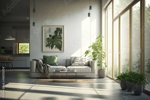 Interior of modern living room with sofa  coffee table and plants