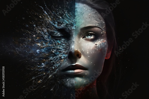 A woman's face with high technology, artificial intelligence technology on a blue and black galaxy background