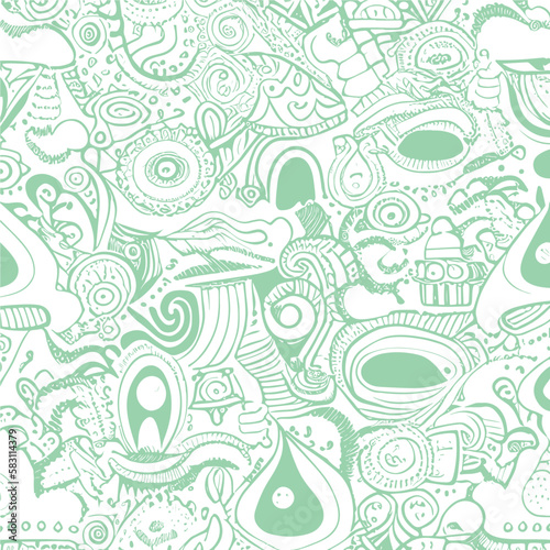 Abstract groovy elements in trendy psychedelic style seamless vector pattern. 70s, 80s, 90s vibes background