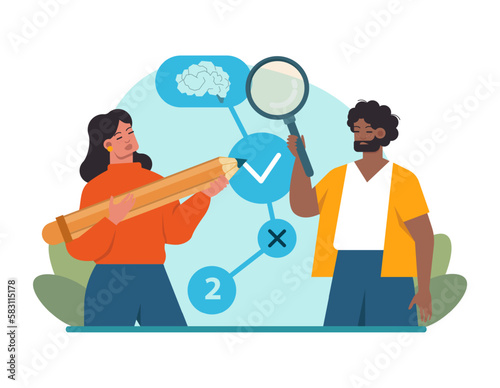Brainstorming or discussion. New idea generation in a team cooperation.