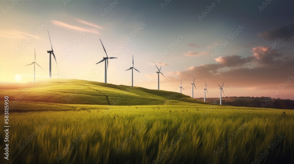 Obraz premium Wind turbines running on the green field. Generative AI
