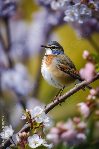 A Cheerful Bluethroat in a Blooming Garden - Generative ai © Jordan