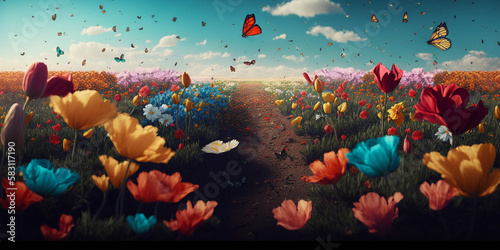 Flower Fields  Spring Background Aesthetic with Colorful Blooms and Fluttering Butterflies