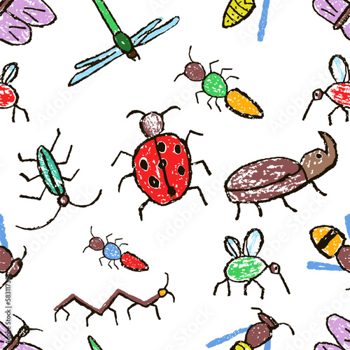 Insect seamless pattern. Crazy doodle insects set background. Crayon like kid`s hand drawn colorful funny butterfly, bug, bee, dragonfly. Vector pastel chalk or pencil childlike cartoon flat art © larisa_zorina