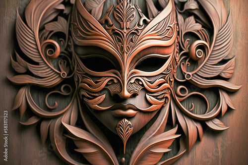 Wooden mask over a wood background. Created with Generative AI technology.