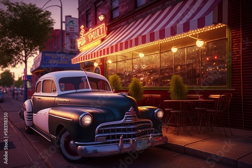 Cinematic Summer Nights: Vintage Koda Car Parked in Front of Old-Timey Diner with Neon Signs and Street Lamps on Cobbled Road at Dusk, Generative AI photo