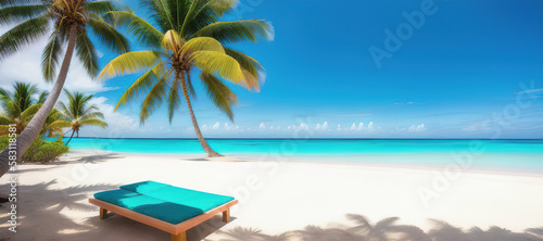 Chaise lounge on the shore of a tropical island with palm trees. Generative AI.