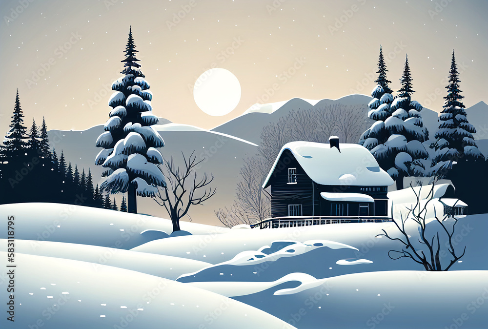 Winter cartoon landscape, mountains. Christmas holidays greeting card. Vacations concept with trees, houses. Mountains ski resort, hotel. Winter illustration. Generative AI