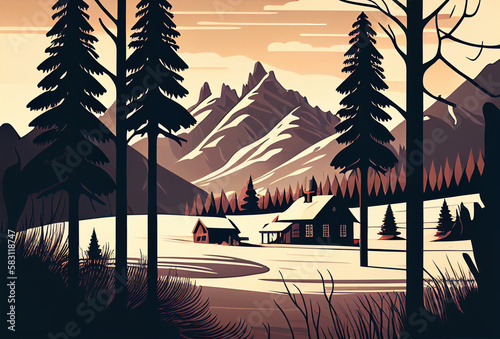 Winter cartoon landscape  mountains. Christmas holidays greeting card. Vacations concept with trees  houses. Mountains ski resort  hotel. Winter illustration. Generative AI