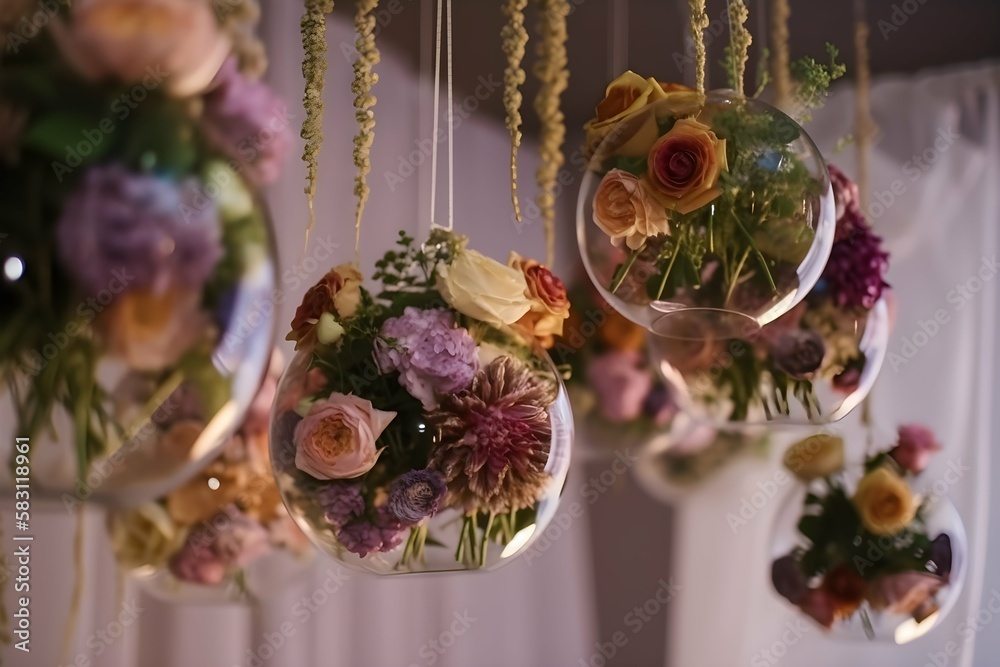 Beautiful flowers in glass vases hanging on ceiling at wedding ceremony