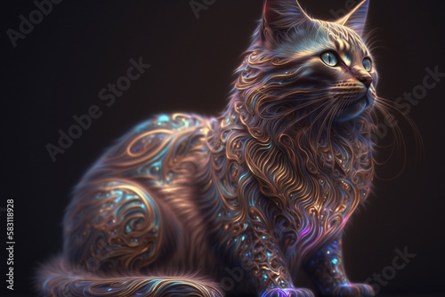 Incredible golden gold feline cat statue concept with intricate pattern design background. Cute metal metallic animal portrait of a pet. Ai generated