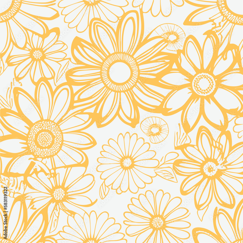 Groovy hippie 70s element in trendy flower and psychedelic style seamless vector pattern 