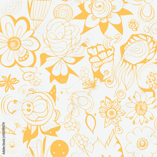 Groovy hippie 70s element in trendy flower and psychedelic style seamless vector pattern 