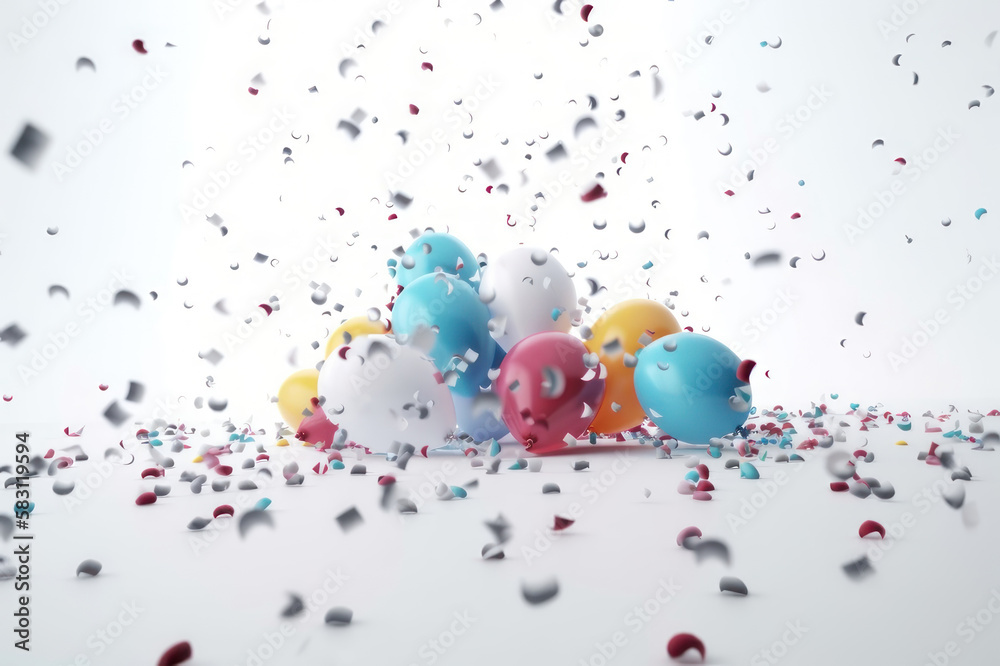 Air balloons and confetti on a white background. AI generative. Air balloons and confetti on a white background. AI generative.