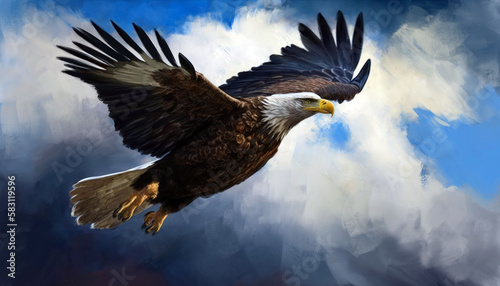 eagle, a large bird of prey, flies against the sky, art illustration painted, generative ai