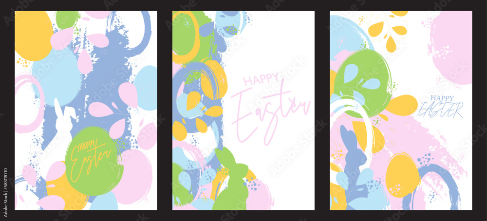 Fototapeta premium Happy Easter Poster Set. Trendy Holiday invitation design collection. Elegant greeting card with painted eggs. Modern minimal template in pastel colors.