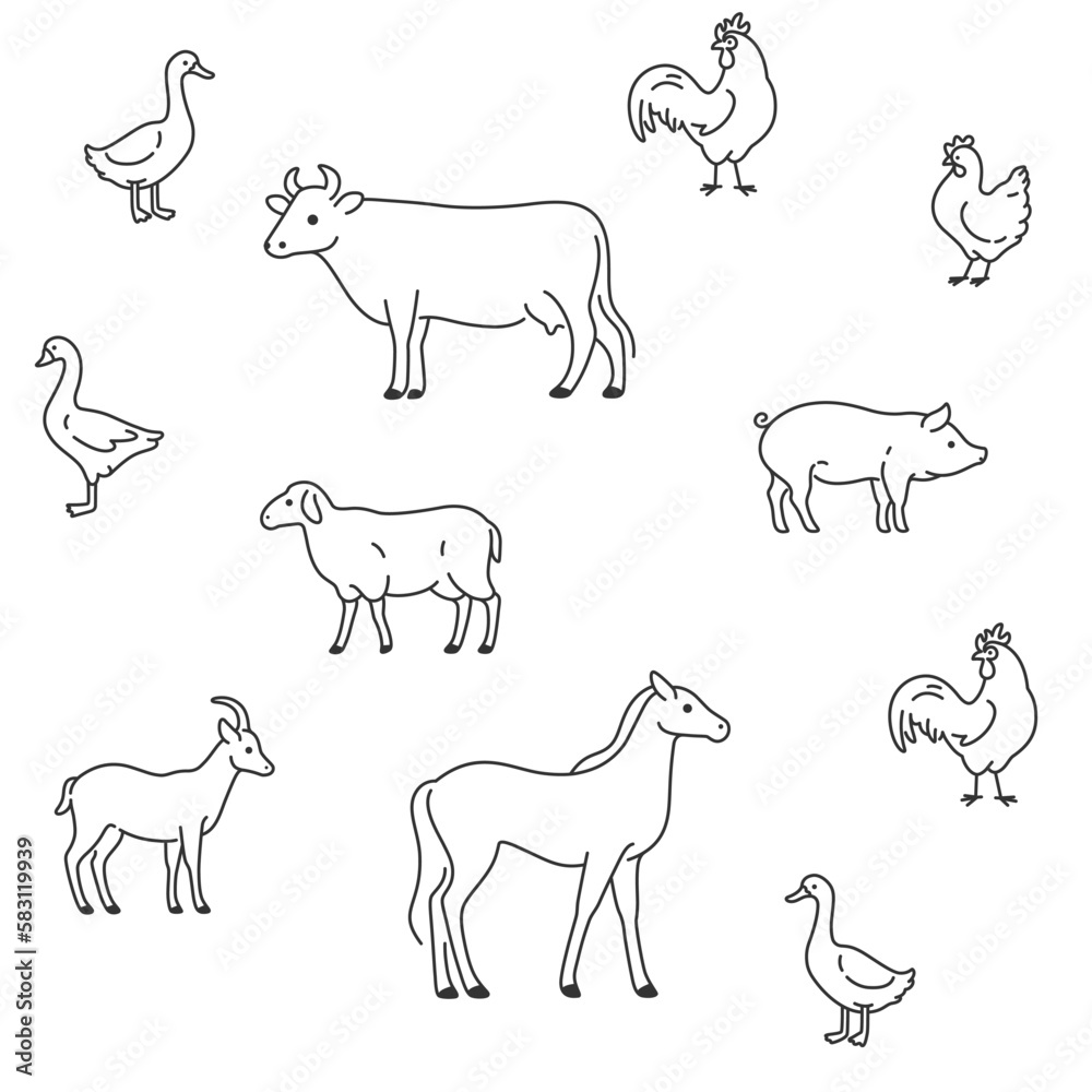 для экпCute animals set - horse, cow, goat, sheep, pig, duck, chick, goose, cock. Vector pattern with farm animals in cartoon style.