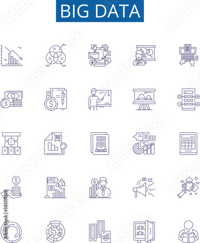 Big data line icons signs set. Design collection of Analytics, Storage, Predictive, Mining, Hadoop, Cloud, AI, Processing outline concept vector illustrations