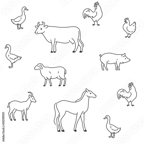 Fototapeta Naklejka Na Ścianę i Meble -  для экпCute animals set - horse, cow, goat, sheep, pig, duck, chick, goose, cock. Vector pattern with farm animals in cartoon style.